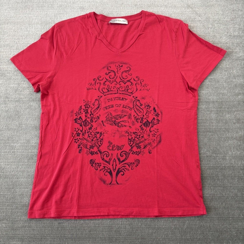 ETRO Milano T Shirt Top Mens 2XL Red Italy Cotton Paysley Tree of Life Print